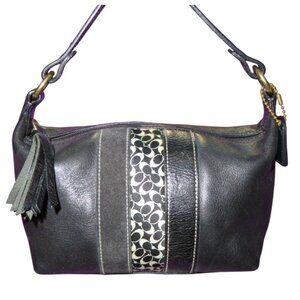 COACH Black Leather with Signature Stripe Top Handle Demi Baguette